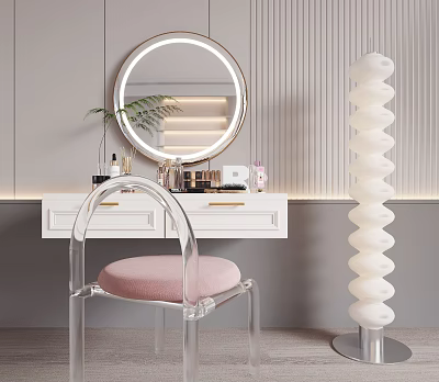 Modern Dressing Table with Round Mirror Clear Chair Pink Cushion Spiral Floor Lamp and Cosmetics 3d model