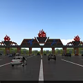 Entrance Gate with Red Flame Decorations on Road with Cars Blue Sky and Trees