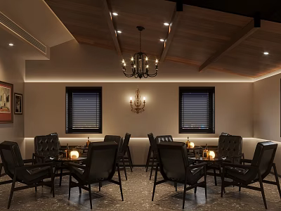 Warm Modern Bar Interior With Wooden Ceiling Chandelier And Black Leather Chairs 3d model