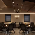 Warm Modern Bar Interior With Wooden Ceiling Chandelier And Black Leather Chairs