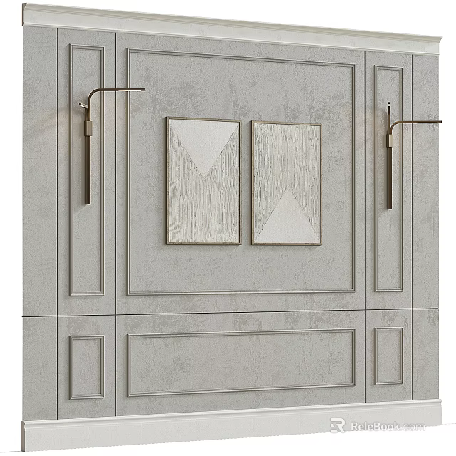 Elegant Modern Background Wall Featuring Gray Textured Surface Decorative Paintings And Wall Sconces 3d model