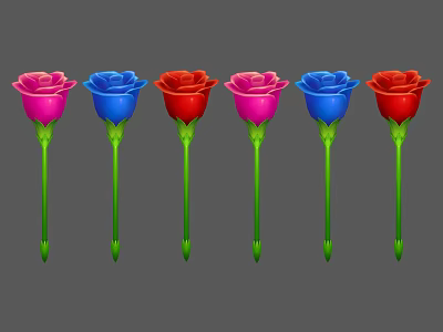Cartoon Six Colorful Roses with Pink Blue Red Petals Green Stems and Grey Background 3d model