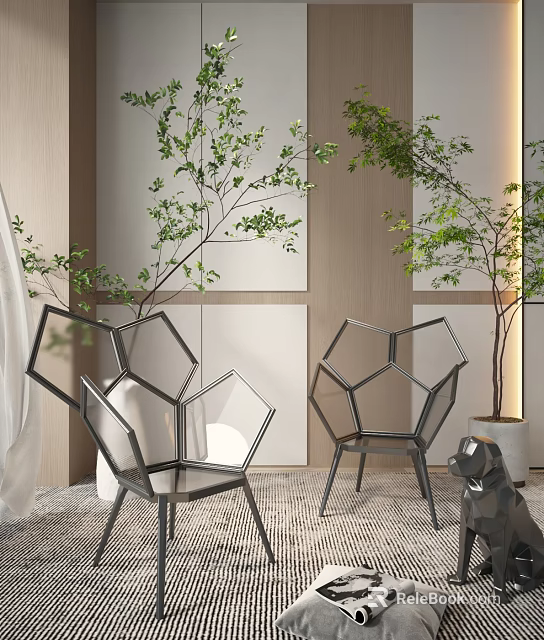 Modern Geometric Leisure Chairs With Green Plants And Minimalist Wall Design 3d model 