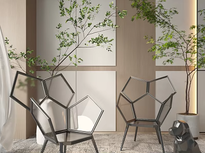 Modern Geometric Leisure Chairs With Green Plants And Minimalist Wall Design 3d model