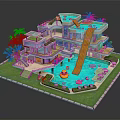 Cartoon Scene Featuring Multi story Building Swimming Pool Slide Rubber Duck Palm Trees And Lawn 3d model