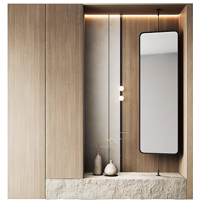 Modern Foyer Hallway With Wooden Cabinets Wall Lights Full Length Mirror And Decorations 3d model