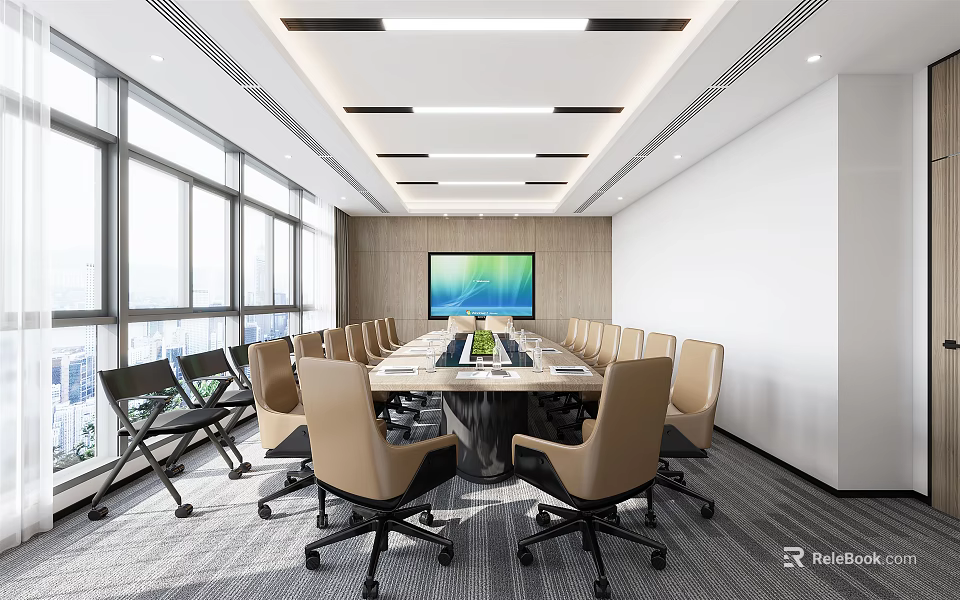 Modern Conference Room Interior With Large Table Chairs And Screen Setup 3d model