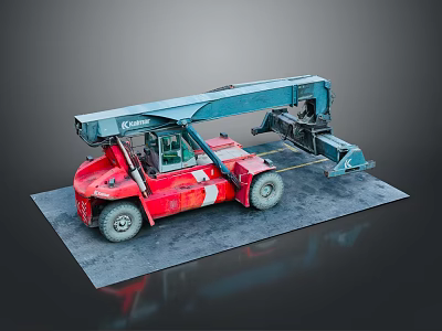 Red And Blue Heavy Duty Forklift With Crane Arm On Gray Platform 3d model