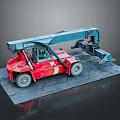 Red And Blue Heavy Duty Forklift With Crane Arm On Gray Platform