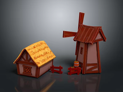 Wooden Building Set With Thatch Roof Cottage Windmill Fence And Small Bucket 3d model