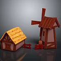 Wooden Building Set With Thatch Roof Cottage Windmill Fence And Small Bucket