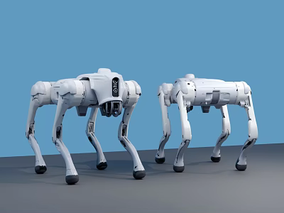 White Quadruped Smart Machines Standing On Gray Surface With Blue Background 3d model