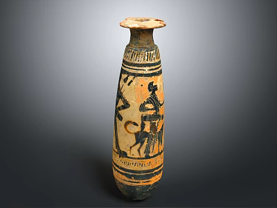 Ancient Tall Neck Pottery Decorated With Black Orange Figures And Animals 3d model