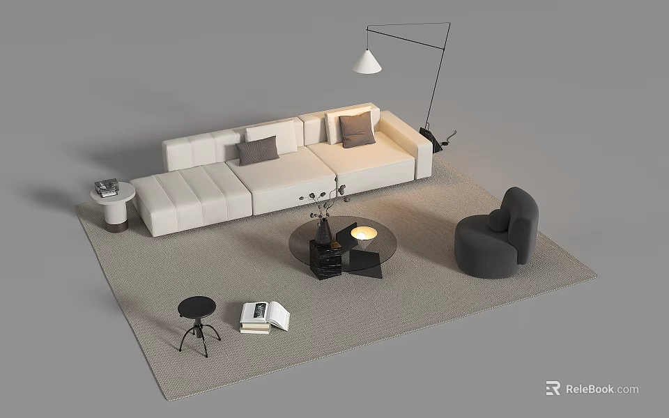 Modern White L Shaped Sofa with Grey Cushions and Black Round Coffee Table Set 3d model