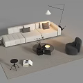 Modern White L Shaped Sofa with Grey Cushions and Black Round Coffee Table Set 3d model