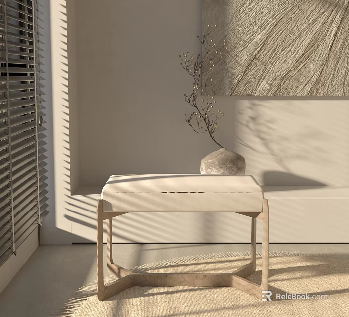 Modern Minimalist Ottoman In Bright Indoor Space With Window Blinds Textured Wall Art And Vase 3d model 