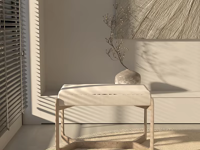 Modern Minimalist Ottoman In Bright Indoor Space With Window Blinds Textured Wall Art And Vase 3d model