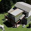 Detached Villa Exterior Featuring Stone Wall Green Plants Modern Traditional Design And Large Windows