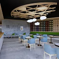 Modern Milk Tea Shop Interior With Wooden Decor Glass Partitions And Seating Area