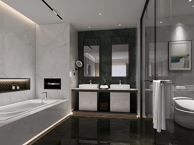 Luxurious Modern Hotel Bathroom With Marble Double Vanities Bathtub And Glass Shower 3d model