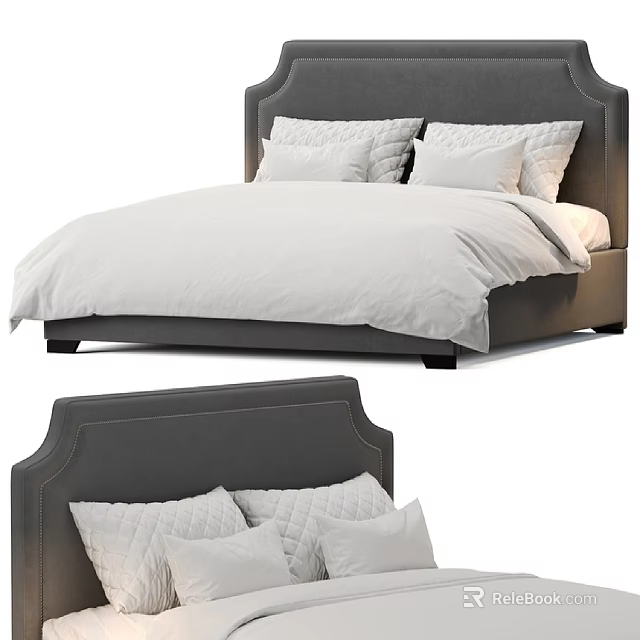 Modern Double Bed Design With Grey Headboard White Bedspread And Soft Pillows 3d model