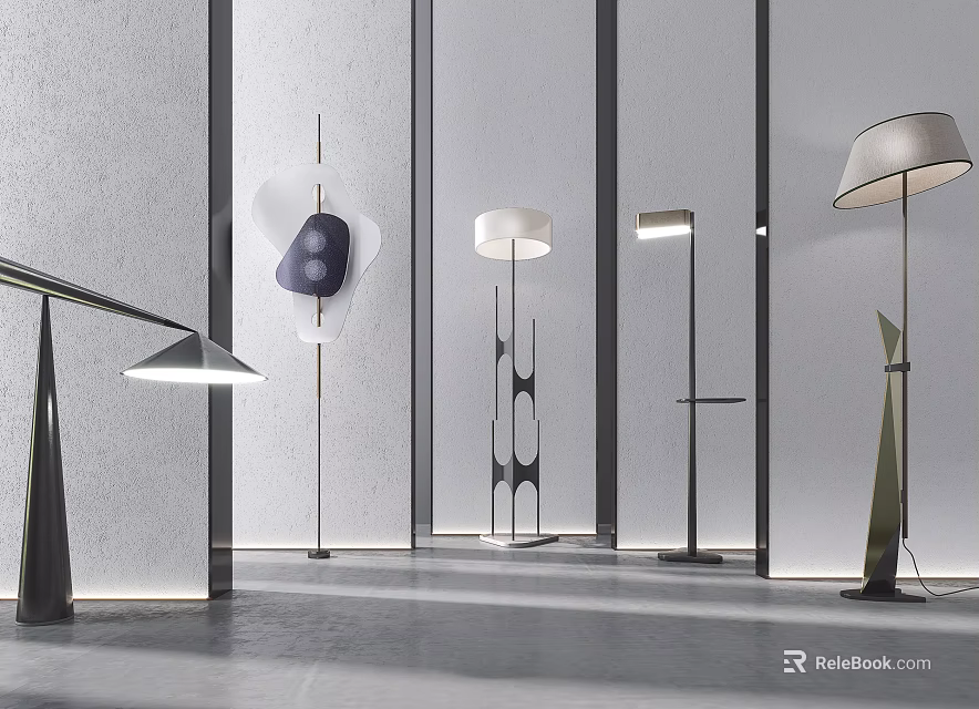 Modern Floor Lamps With Various Stylish Designs In Bright Interior Display Space 3d model 