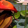 Garden Landscape With White Lotus Flowers Green Lily Pads And Red Spotted Ladybug