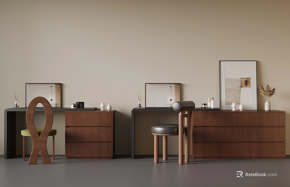 Modern Minimalist Interior Featuring Wooden Dressers Chairs Wall Frames And Small Objects 3d model