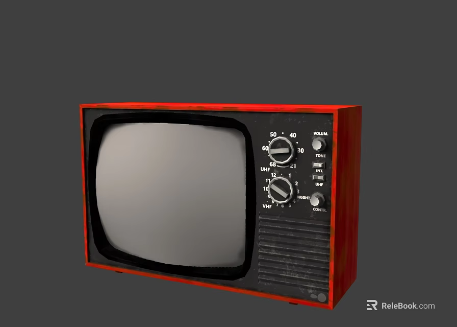 Vintage Television with Red Wooden Case Black and White Screen and Control Knobs 3d model 