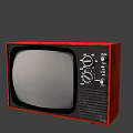 Vintage Television with Red Wooden Case Black and White Screen and Control Knobs