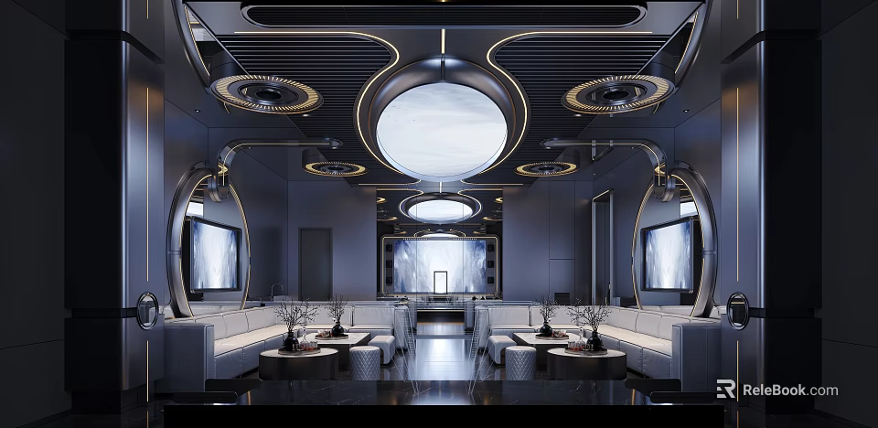 Futuristic KTV Interior With Sofas Large Screens And Lighting 3d model