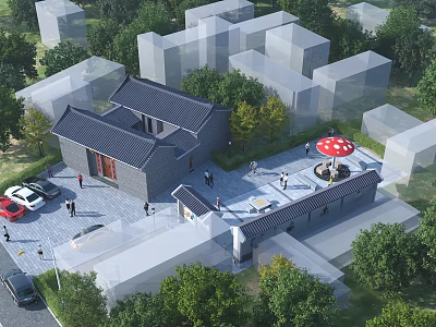 Ancient Traditional Architecture Courtyard with Gray Tile Roof Red Umbrella Seating Trees Pedestrians and Vehicles 3d model