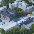 Ancient Traditional Architecture Courtyard with Gray Tile Roof Red Umbrella Seating Trees Pedestrians and Vehicles