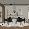 Modern Restaurant with Round White Dining Table Black Chairs Layered Shelves Green Plant Pendant Light