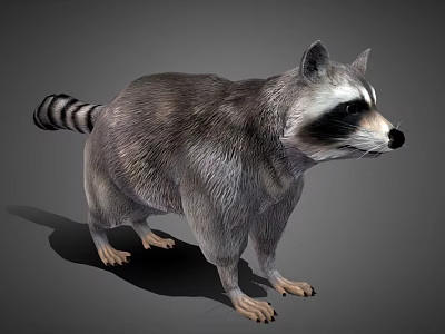 Realistic Raccoon with Gray Fur and Striped Tail in Standing Posture Against Gray Background 3d model