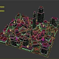 Decorative Lights Illuminating Detailed City Model With Various Buildings And Structures