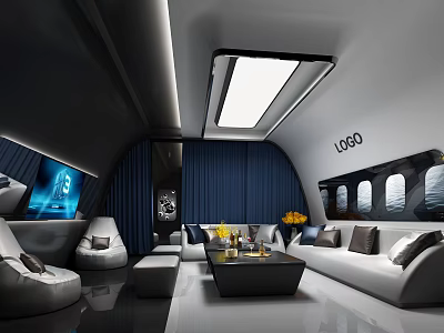 Luxury Modern KTV Lounge Interior With Comfortable Sofa Large Screen Blue Curtains And Ambient Lighting 3d model