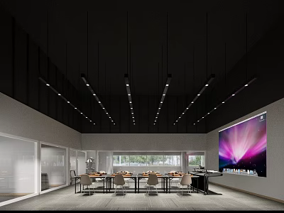 School Spacious Classroom Interior Featuring Long Tables Chairs Large Screen Pendant Lights And Natural Light 3d model