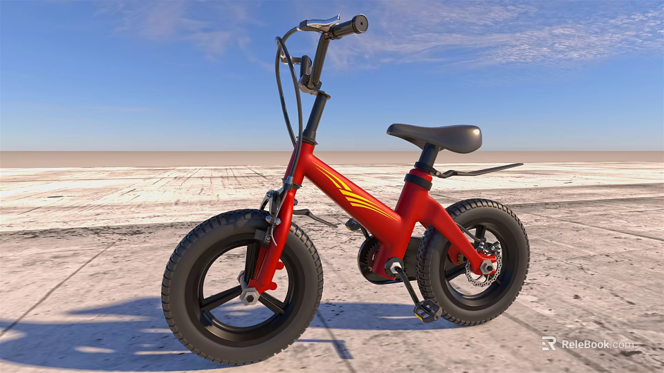 Red Balance Bike With Large Wheels Black Seat And Yellow Accents In Outdoor Field 3d model 