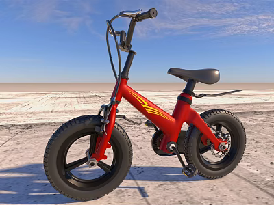 Red Balance Bike With Large Wheels Black Seat And Yellow Accents In Outdoor Field 3d model