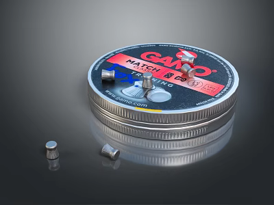 GAMO MATCH Airgun Pellets Stored in Metal Tin with Scattered Pellets 3d model