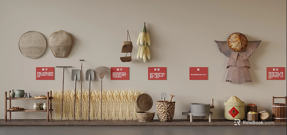 Rustic Agricultural Display With Hanging Corn Baskets Farm Tools Straw Red Signs And Stone Mill 3d model 