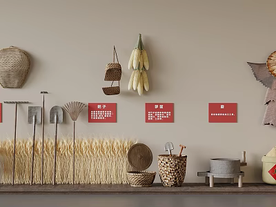 Rustic Agricultural Display With Hanging Corn Baskets Farm Tools Straw Red Signs And Stone Mill 3d model