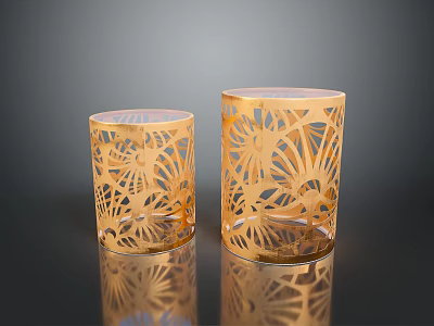 Two Golden Decorative Candle Holders With Intricate Laser Cut Patterns On Black Surface 3d model
