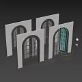 Dark Brown Arched Hinged Doors with Vertical Ribbed Glass Panels and Handles