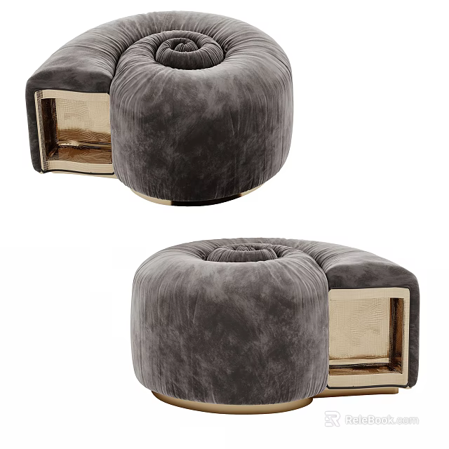 Plush Dark Gray Velvet Ottoman With Round Design And Gold Metal Base 3d model 