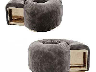 Plush Dark Gray Velvet Ottoman With Round Design And Gold Metal Base 3d model
