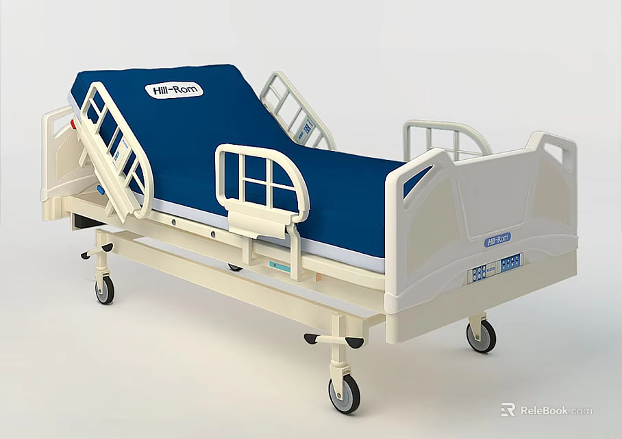 Medical Hospital Bed With Blue Mattress White Frame Side Rails And Wheels 3d model 