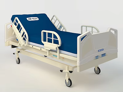 Medical Hospital Bed With Blue Mattress White Frame Side Rails And Wheels 3d model