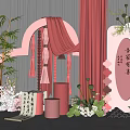 Festive Pink Floral Installation With Bamboo Calligraphy Scroll And White Decor Elements 3d model